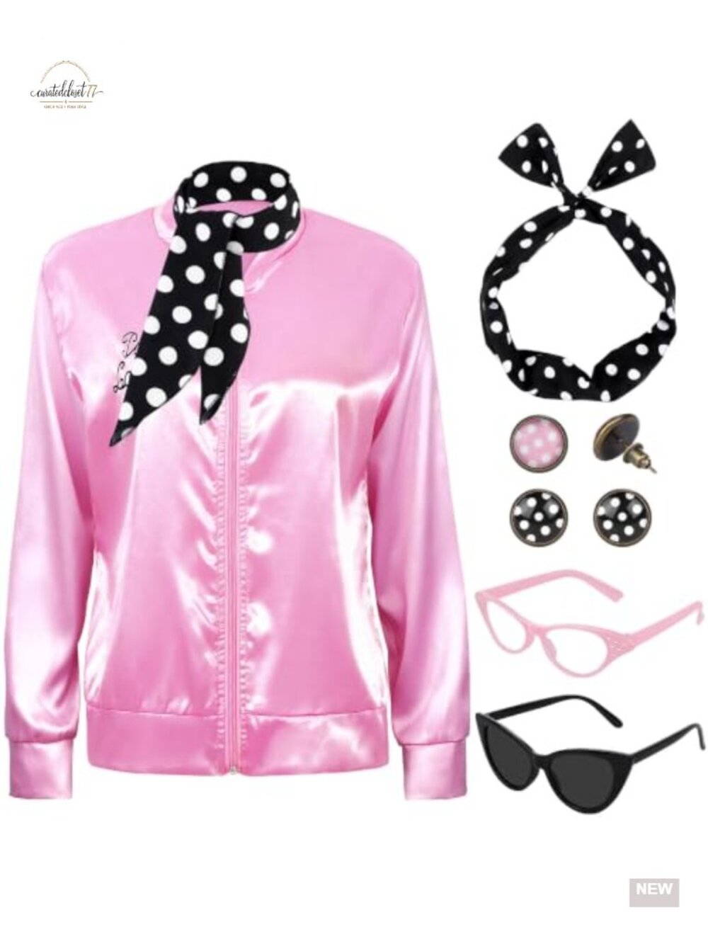 1950s Satin Jacket Costume Set with Scarf Glasses Headband Earrings